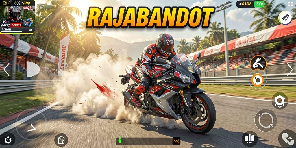Tampilan gameplay seru RAJABANDOT dalam balapan motor.