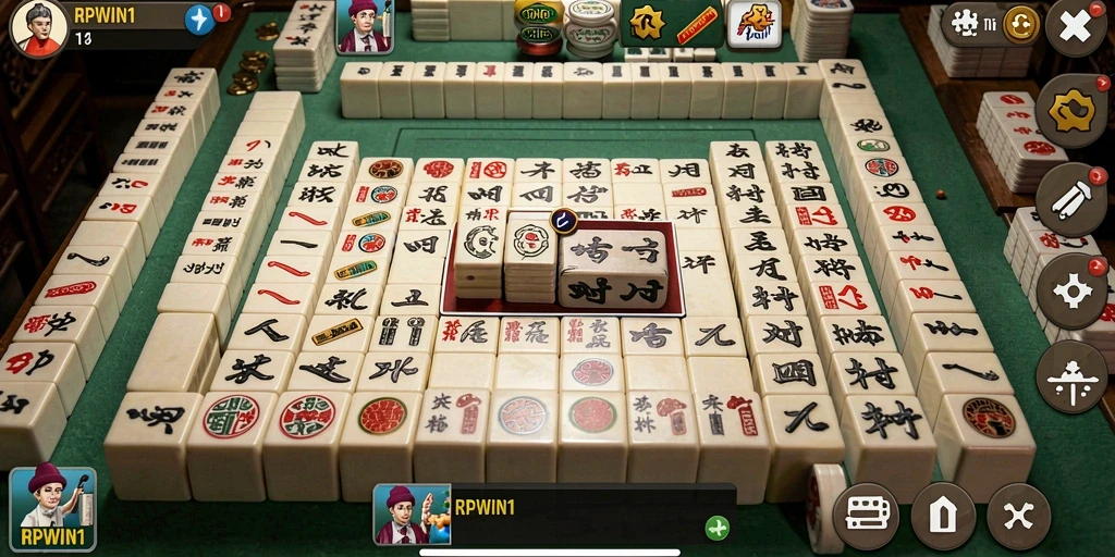 Tampilan gameplay <strong>RPWIN1</strong> dengan ubin Mahjong yang berwarna-warni.