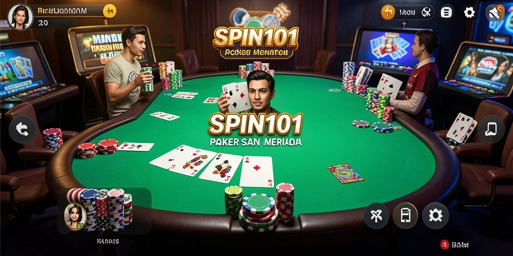 Screenshot SPIN101 menampilkan momen mendebarkan dalam permainan Poker.